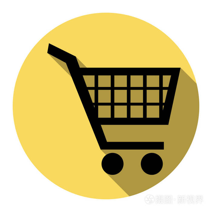 购物车标志.矢量.平面的黑色图标,带上白色背景皇家黄色圆扁阴影.分离