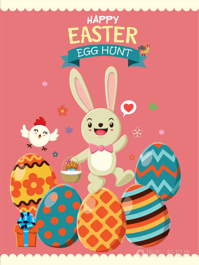 与鸡, 鸡, 兔的老式复活节彩蛋海报设计