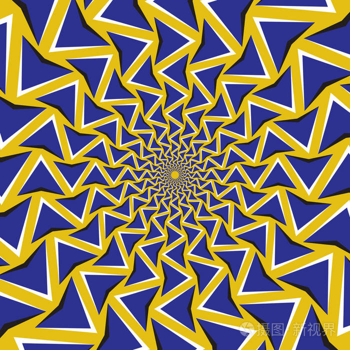 光学运动错觉背景。蓝色箭头圆围绕中心在黄色背景上