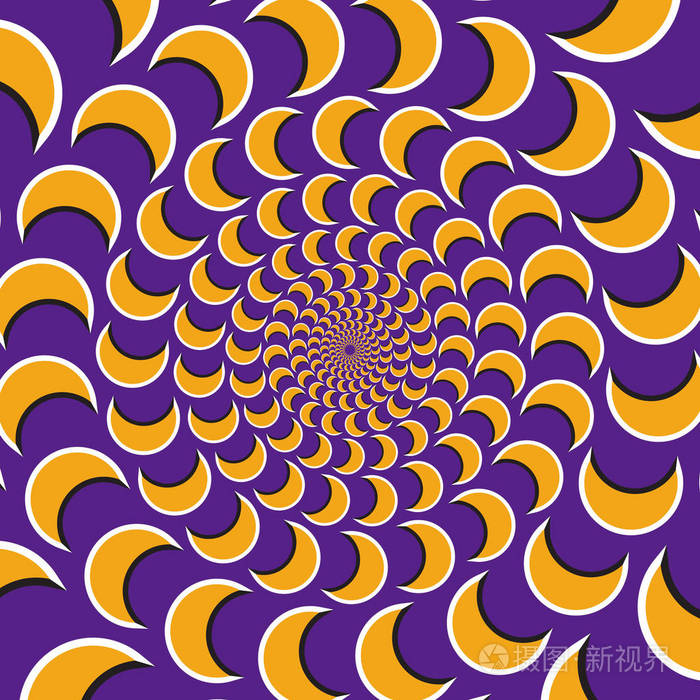 光学运动错觉矢量背景。黄新月，人以群分循环到中心上紫色背景