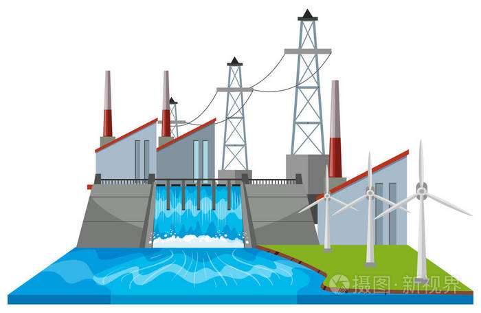 大坝现场与风力涡轮机