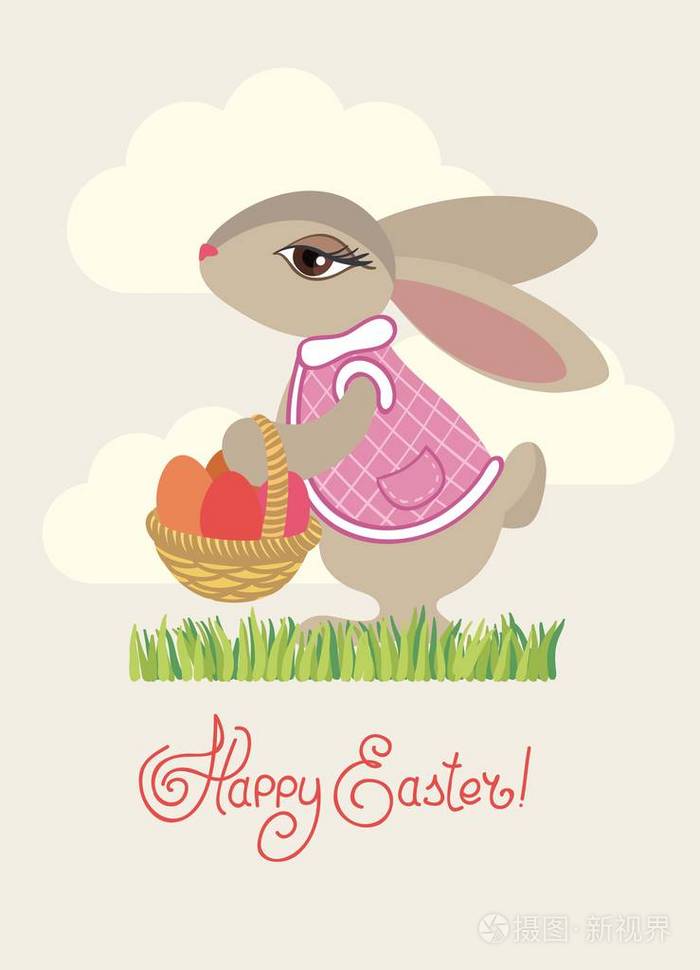 复活节兔子提着篮子的鸡蛋。贺卡