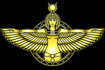 带状金翅古埃及的动画肖像翅女神.孤立在黑色背景上的黄色绘图.仿金.