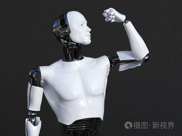 3d渲染的男性机器人展示他的二头肌肌肉
