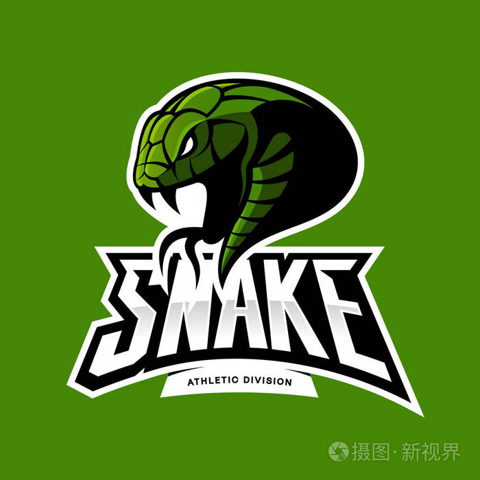 绿色背景上孤立的愤怒的蛇运动矢量标志概念