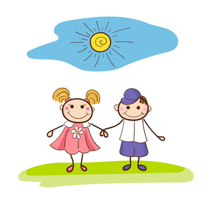 孩子们快乐和在阳光下的微笑.姹紫嫣红的卡通插图中子样式照片