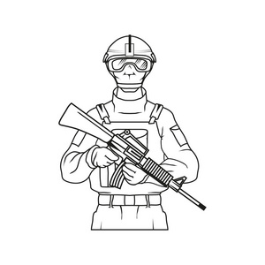 在军用头盔的士兵人.军事与武器 插画