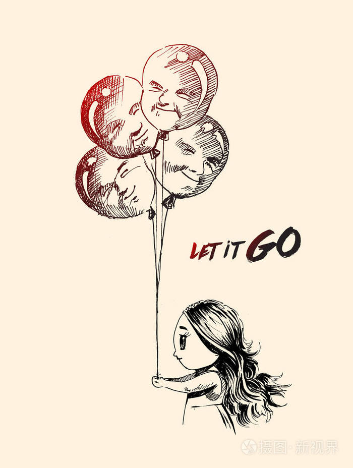 小女孩与男子形状气球与文本的放手吧,手插画-正版商用图片1rtg92-摄