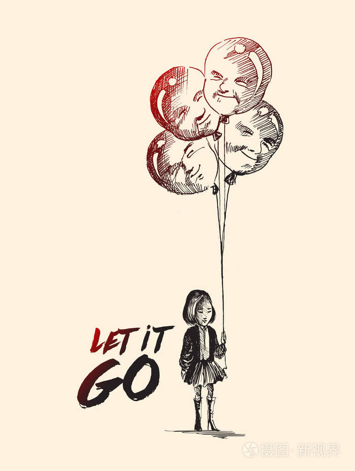 小女孩与男子形状气球与文本的放手吧,手插画-正版商用图片1rtgbs-摄