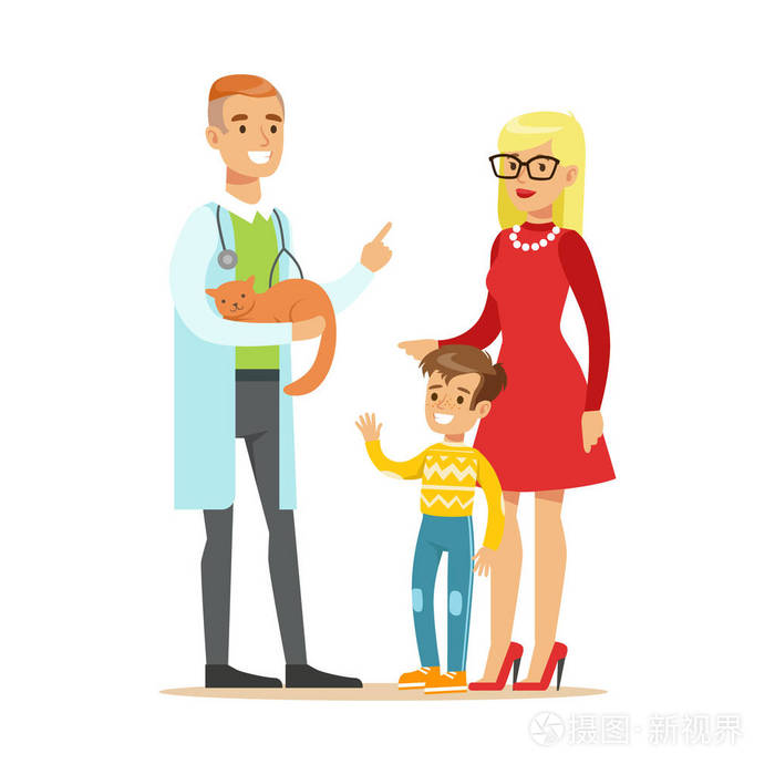 微笑的男孩与他的母亲在兽医医生与他们的猫.丰富多彩的卡通人物插图