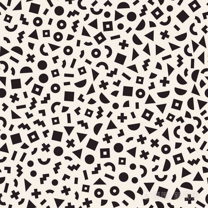 灵感来自孟菲斯风格. 抽象背景设计. 矢量无缝黑白不规则图案.