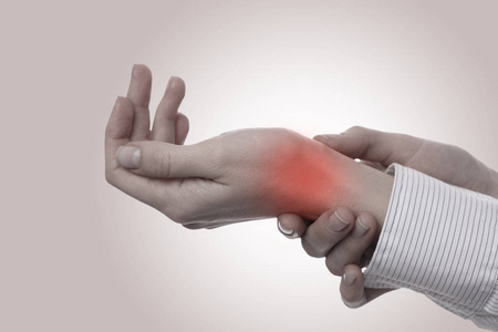 商业女人患腕关节疼痛.疼痛救济概念照片