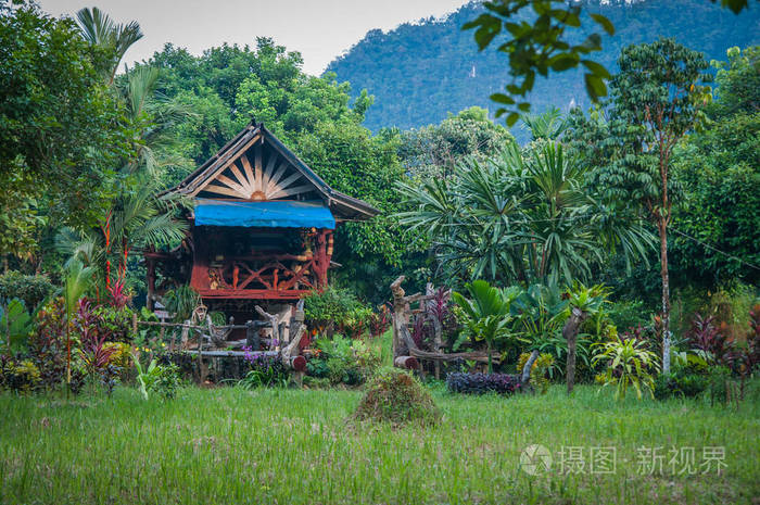 在雨克山森林保护区泰国传统多彩多姿的木房子