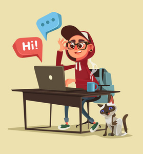 青少年快乐微笑的男孩性格说话和在网络上聊天.矢量平面卡通插画照片