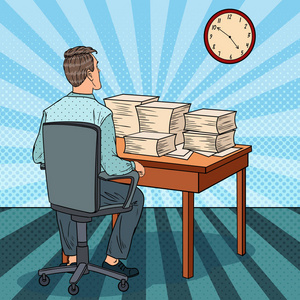 忙碌的上班族,与成堆的文件.加班在工作.波普艺术矢量图照片