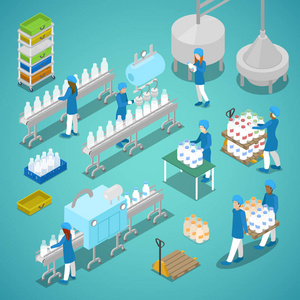 牛奶厂.自动化生产线在乳品厂工人.等轴矢量平面三维图照片