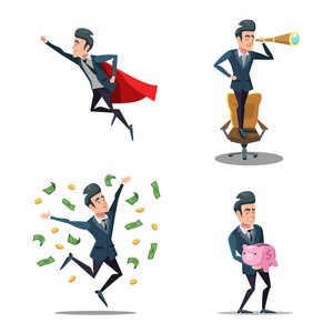 成功的商人漫画.飞行的超级商业人.储钱罐.矢量字符图插画