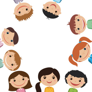 孩子们站成一个圈小狗圈背景 ico可爱的卡通长颈鹿孤立在白色背景上.