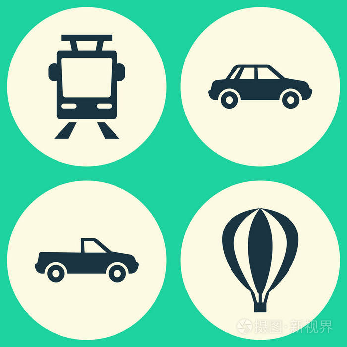 交通工具图标集.飞艇, 有轨电车, 汽车和其他元素的集合.