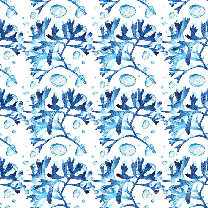 无缝图案的蓝色珊瑚水彩插图手设计的素描画水下的水彩背景图