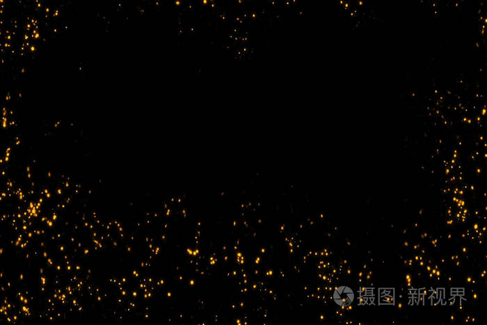 框架的金色闪光泡沫颗粒星星在黑色背景下,事件节日快乐新年假期