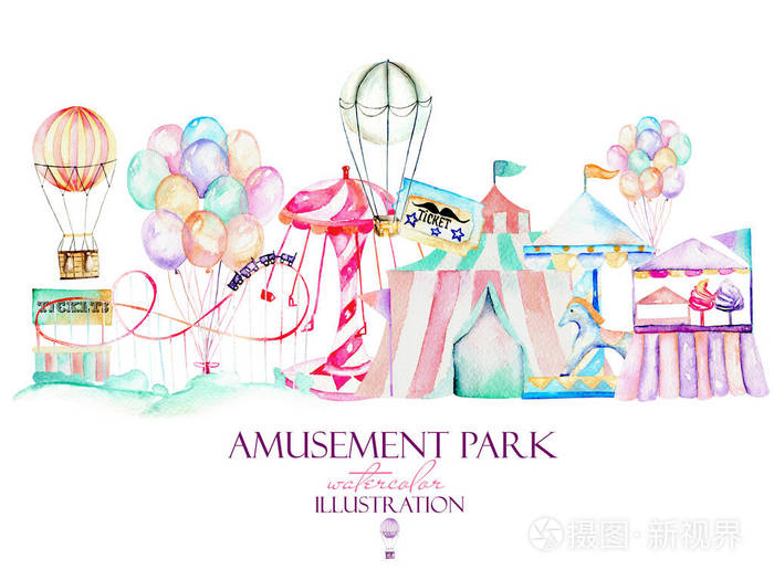 插图与水彩元素的游乐园,手绘孤立在白色背景上