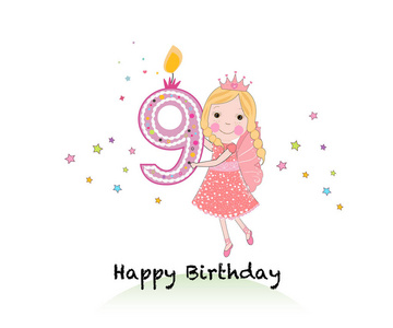 快乐的九岁生日蜡烛.女孩贺卡与可爱童话持有九个数字矢量背景照片
