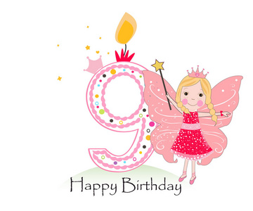 第九届生日快乐的九岁生日蜡烛.女孩贺卡与可爱童话矢量背景照片