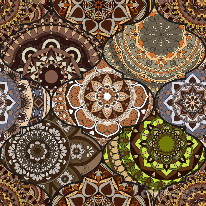 彩色花砖波西米亚风无缝模式.曼荼罗背景.求同