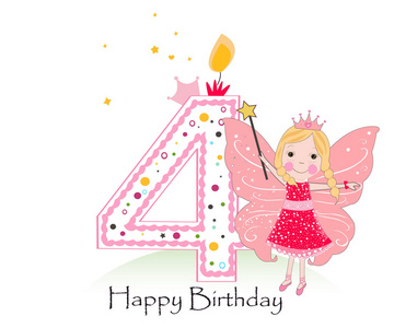 四岁生日快乐的四岁的生日蜡烛.女孩贺卡与可爱童话矢量背景照片