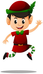 红色的圣诞老人帽子, 树, 雪, 卡通雪人, 儿童精灵和问候文字在木圆形