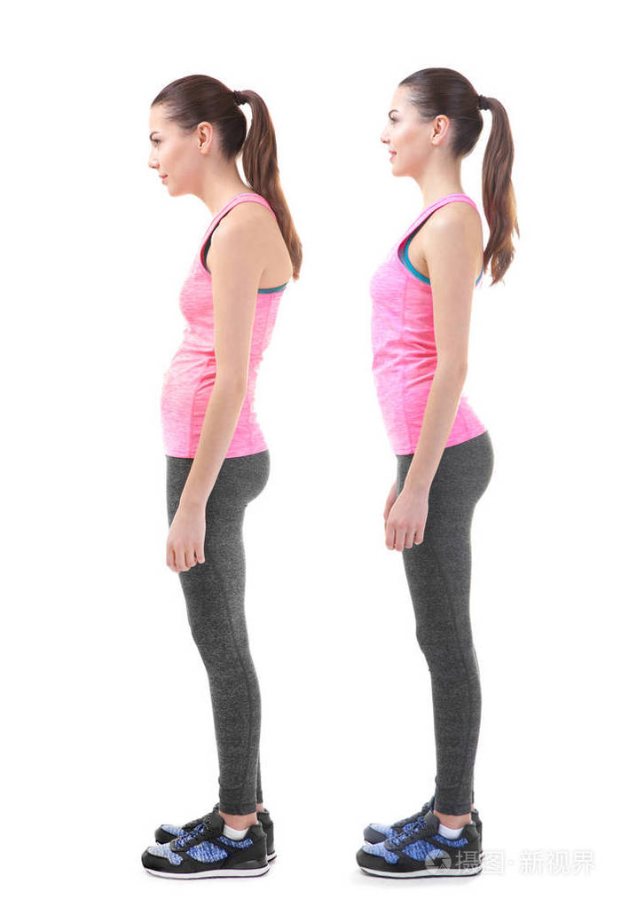 康复理念白色背景下的低姿态和良好体态的女子拼贴画