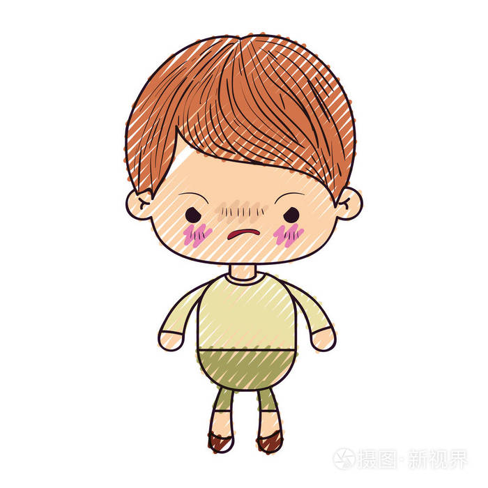 彩色的蜡笔剪影的卡哇伊表情生气的小男孩