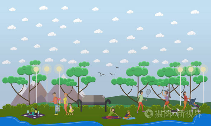 一家人漫步在公园的矢量插图中平面样式