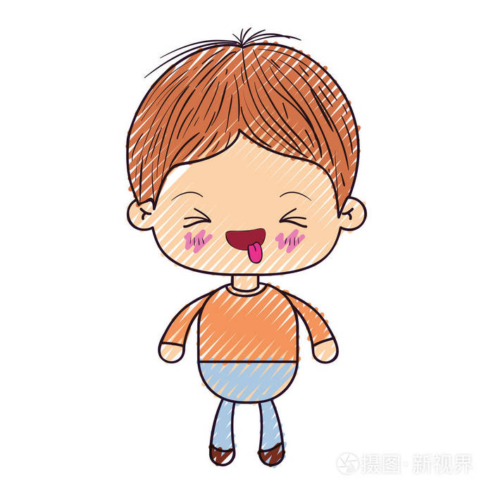 卡哇伊的彩色的蜡笔轮廓与面部表情滑稽与小男孩闭上眼睛