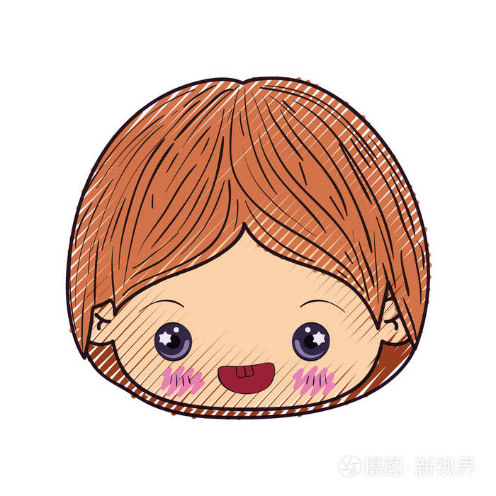 彩色的蜡笔轮廓的卡哇伊头的小男孩在特写镜头中微笑插画-正版商用