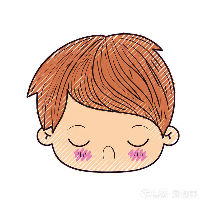 彩色的蜡笔轮廓的卡哇伊头的面部表情厌恶闭着眼睛的小男孩