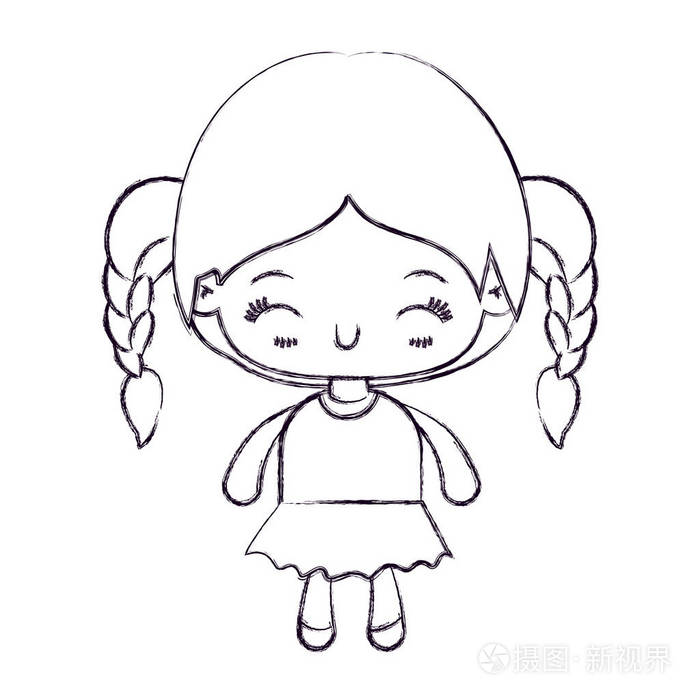 卡哇伊模糊薄剪影辫子的小女孩和面部表情幸福闭上眼睛插画-正版商用