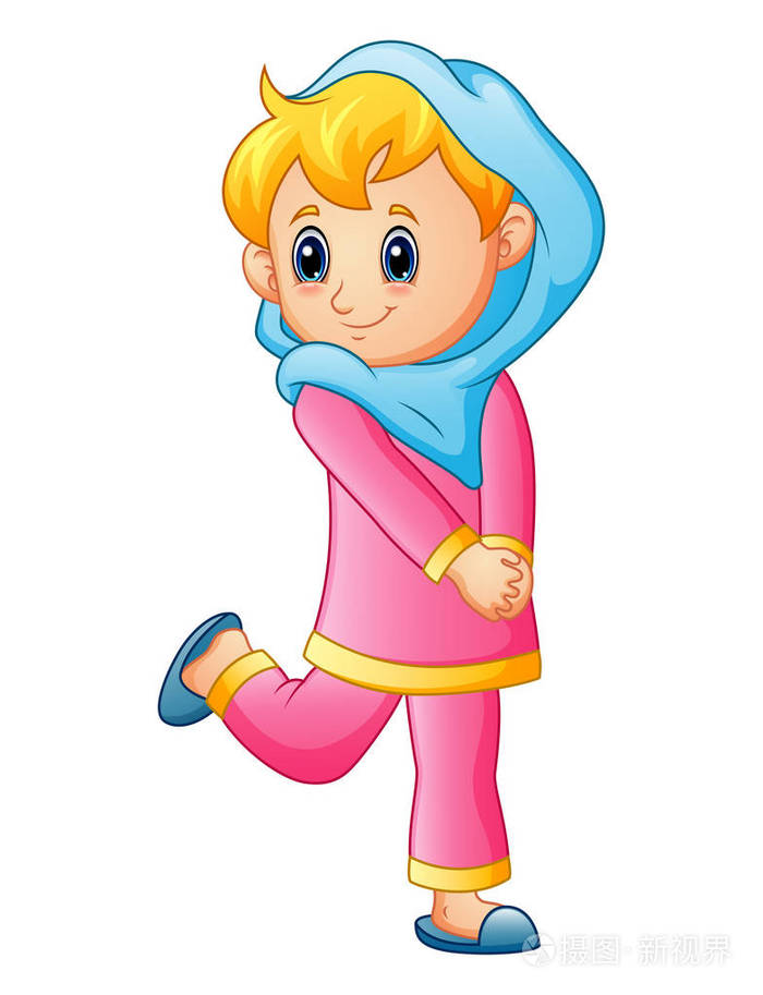 快乐的女孩妇女穿着蓝色面纱和孤立的白色背景上的粉色衣服插画-正版