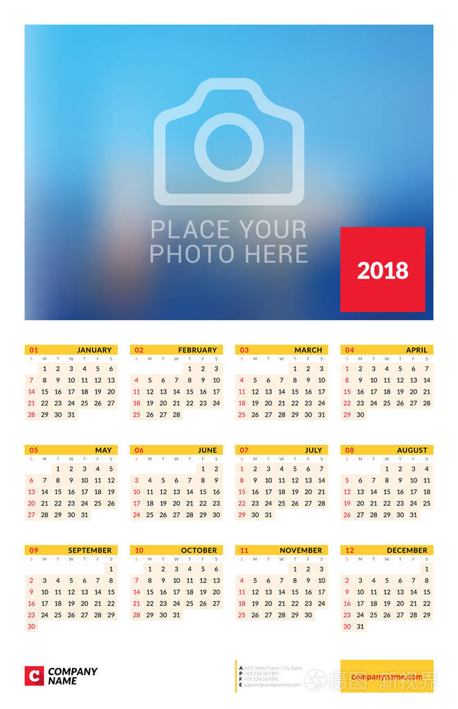 每年日历海报墙为2018年矢量设计打印模板与照片的地方周从星期日开始