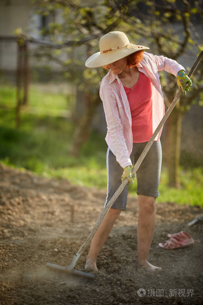 用耙子准备种植土地的女农