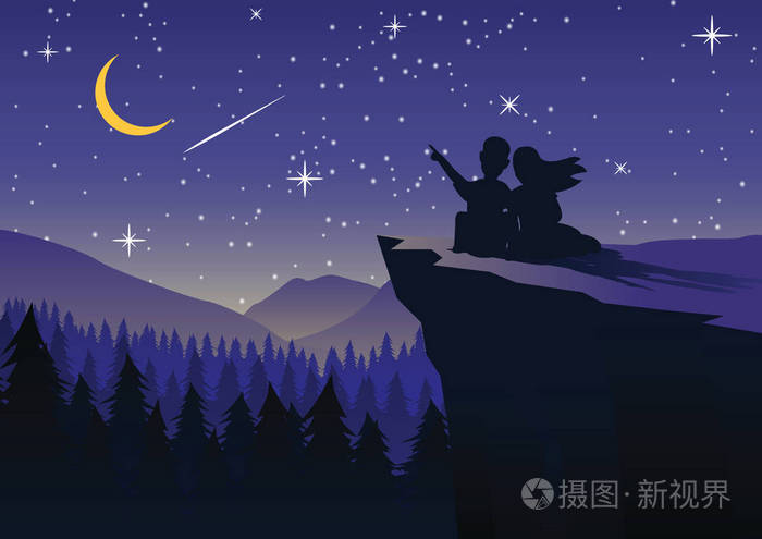 在悬崖和松树林的星光之夜情侣指向流星