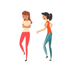 两个愤怒的女孩互相争吵, 在白色背景上的硬对话矢量插图照片