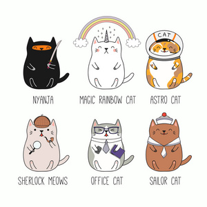 一套手工绘制的卡瓦伊猫服装隔离在白色背景矢量插图设计概念的儿童