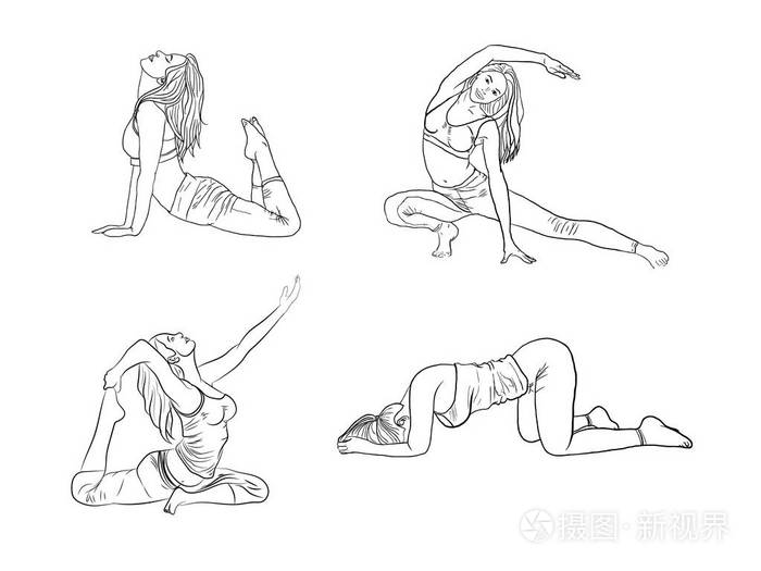 手绘女孩在瑜伽位置矢量插图美丽的卡通妇女在各种姿势的瑜伽