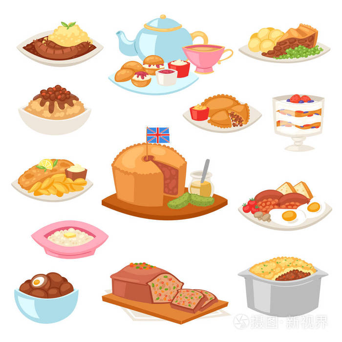 英国食物载体英国早餐膳食并且油炸肉与土豆为晚餐或午餐例证一套传统