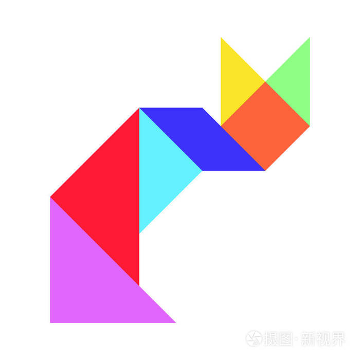 彩色七巧板在白色背景下的猫形拼图矢量