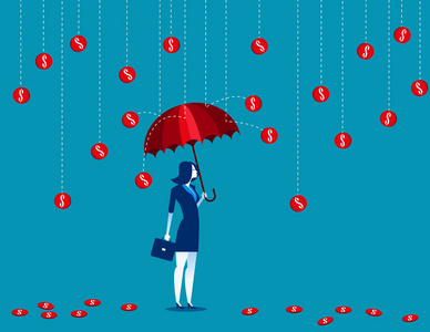 在一个硬币雨下的女商人.概念业务向量说明照片