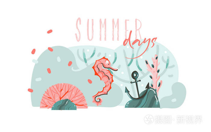 手绘矢量抽象卡通夏季时间图形插图艺术模板背景与洋底, 美海马和夏日版式引述蓝色水波隔离