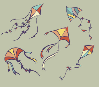 一套卡通风格矢量插图的放风筝照片